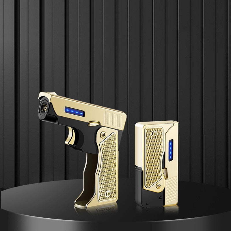 Jet Gas Torch Gun Lighter Pistol Metal Creative Folding Electric Plasma Butane Flame Windproof Rechargeable Usb Dual Arc Lighter