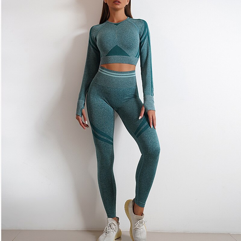 Seamless Gym Clothes Women Fitness Leggings Sport Long Sleeve Yoga Set Running Workout Sportswear High Waist Legging Outfit Wear