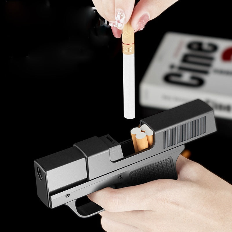 Cool Pistol Lighter with 10 Count Cigarette Case Butane Gas Lighter Soldering Gun Windproof Cigar Lighter Unusual Men's Gift