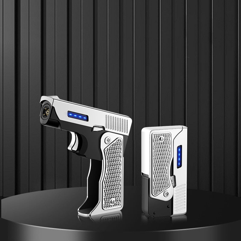 Jet Gas Torch Gun Lighter Pistol Metal Creative Folding Electric Plasma Butane Flame Windproof Rechargeable Usb Dual Arc Lighter
