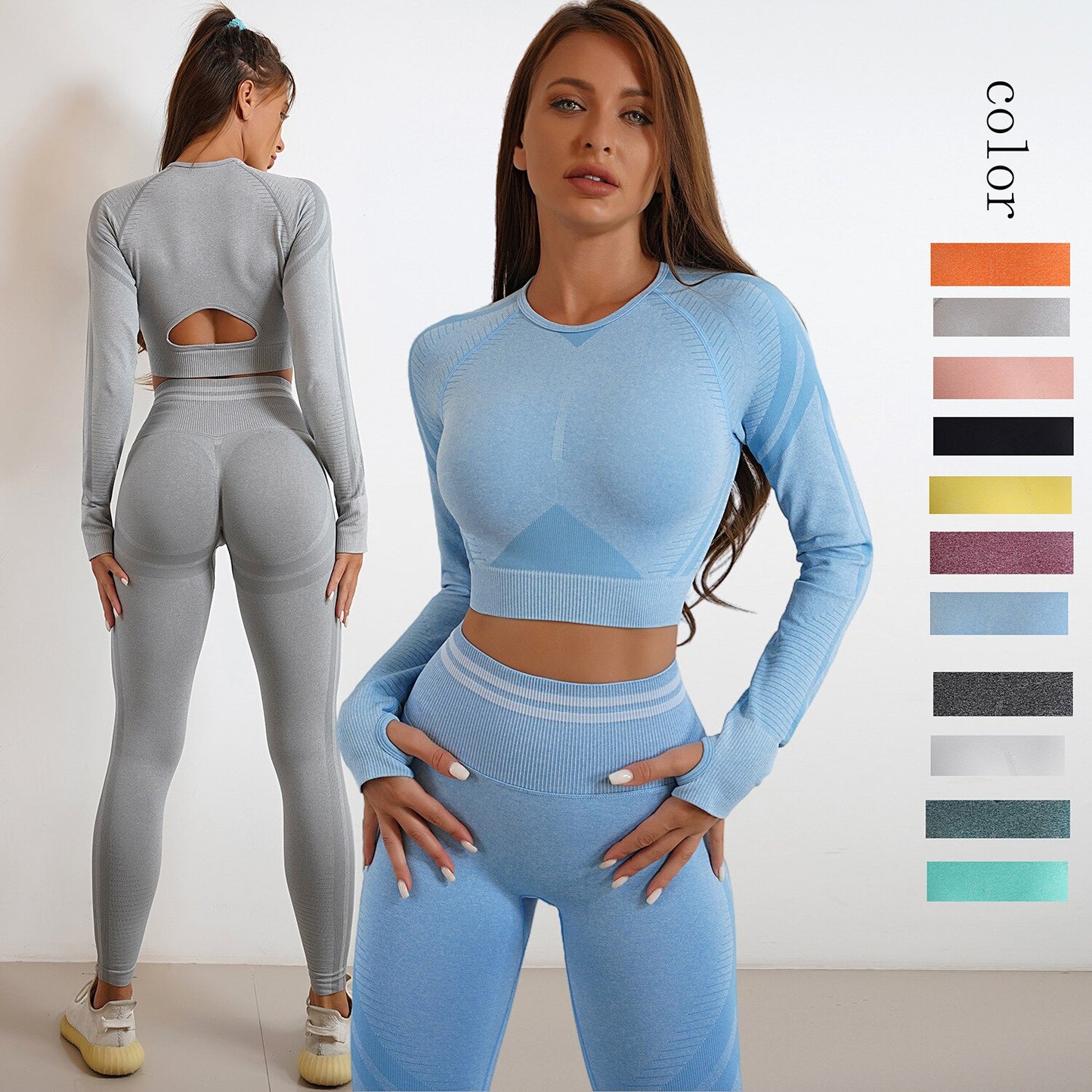 Seamless Gym Clothes Women Fitness Leggings Sport Long Sleeve Yoga Set Running Workout Sportswear High Waist Legging Outfit Wear