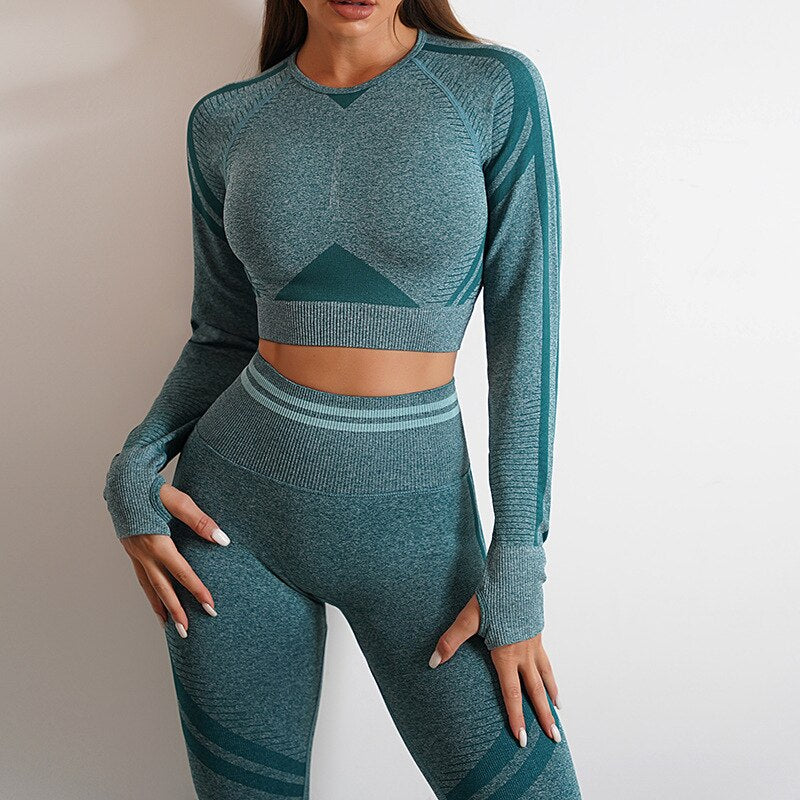 Seamless Gym Clothes Women Fitness Leggings Sport Long Sleeve Yoga Set Running Workout Sportswear High Waist Legging Outfit Wear