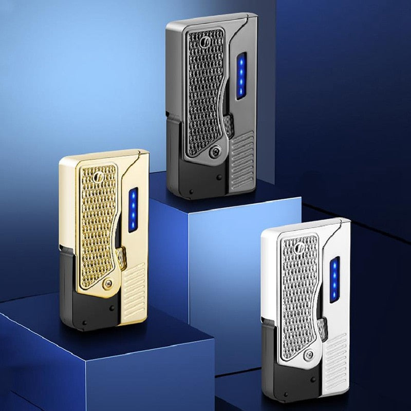 Jet Gas Torch Gun Lighter Pistol Metal Creative Folding Electric Plasma Butane Flame Windproof Rechargeable Usb Dual Arc Lighter
