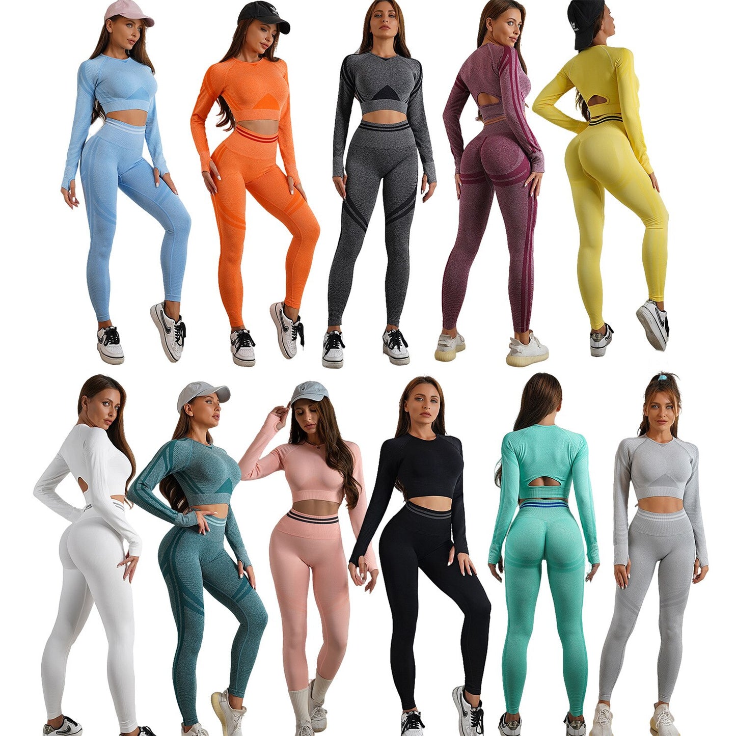 Seamless Gym Clothes Women Fitness Leggings Sport Long Sleeve Yoga Set Running Workout Sportswear High Waist Legging Outfit Wear