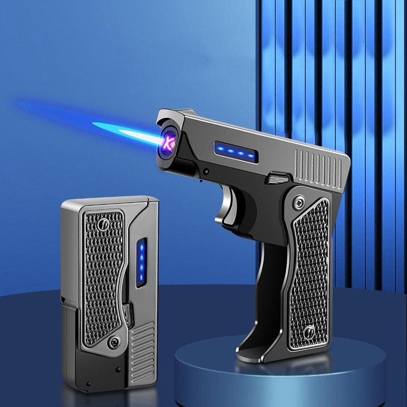 Jet Gas Torch Gun Lighter Pistol Metal Creative Folding Electric Plasma Butane Flame Windproof Rechargeable Usb Dual Arc Lighter