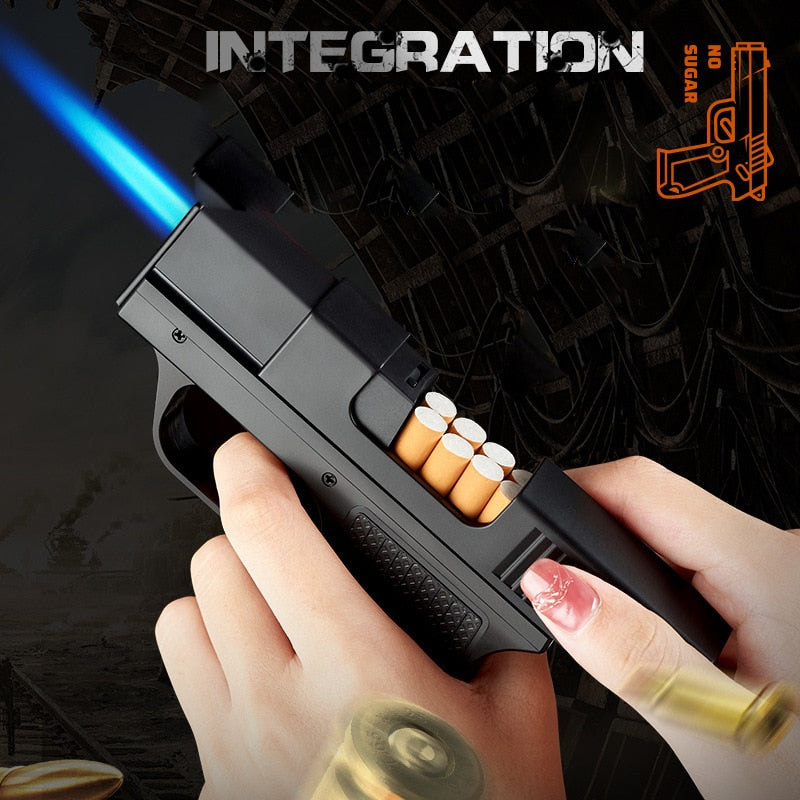 Cool Pistol Lighter with 10 Count Cigarette Case Butane Gas Lighter Soldering Gun Windproof Cigar Lighter Unusual Men's Gift