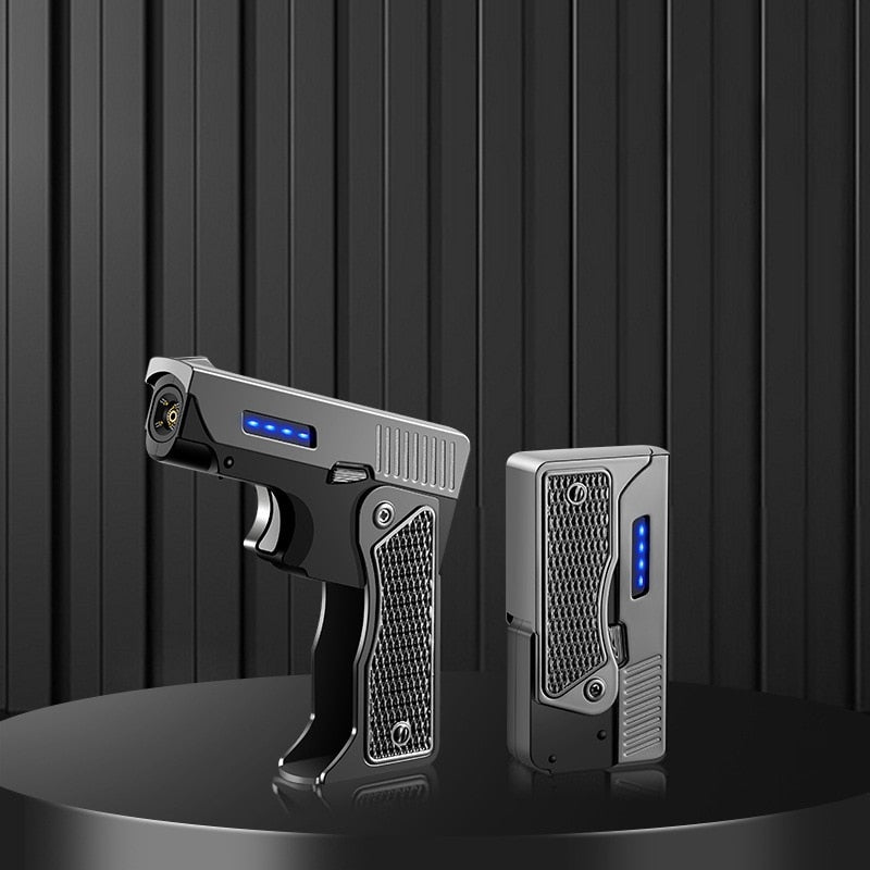 Jet Gas Torch Gun Lighter Pistol Metal Creative Folding Electric Plasma Butane Flame Windproof Rechargeable Usb Dual Arc Lighter