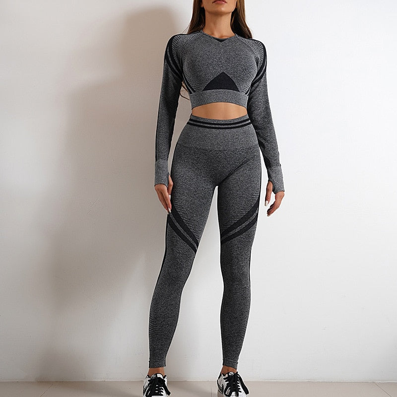 Seamless Gym Clothes Women Fitness Leggings Sport Long Sleeve Yoga Set Running Workout Sportswear High Waist Legging Outfit Wear