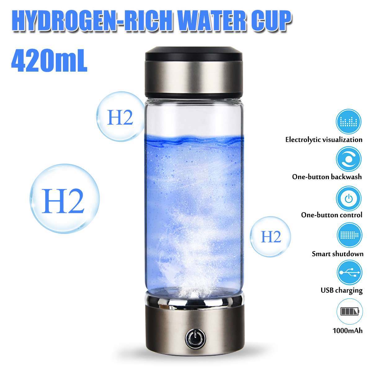 3mins 420ML Portable Water Ionizer Bottle Rechargeable Negative Ion Water Cup Hydrogens-rich Water Cup Water Generator Alkaline